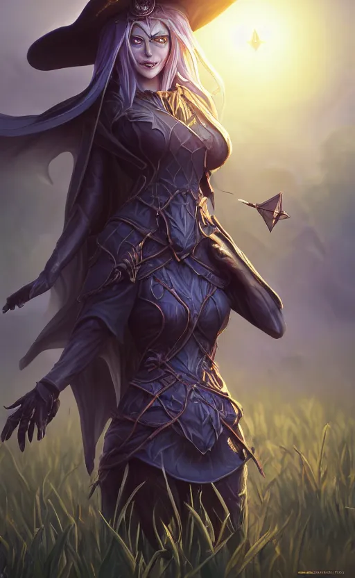 Image similar to medium shot of dark elf witch in field, sunny, highly detailed, d & d, fantasy, highly detailed, digital painting, trending on artstation, concept art, sharp focus, illustration, global illumination, ray tracing, realistic shaded, art by artgerm and greg rutkowski and fuji choko and viktoria gavrilenko and hoang lap