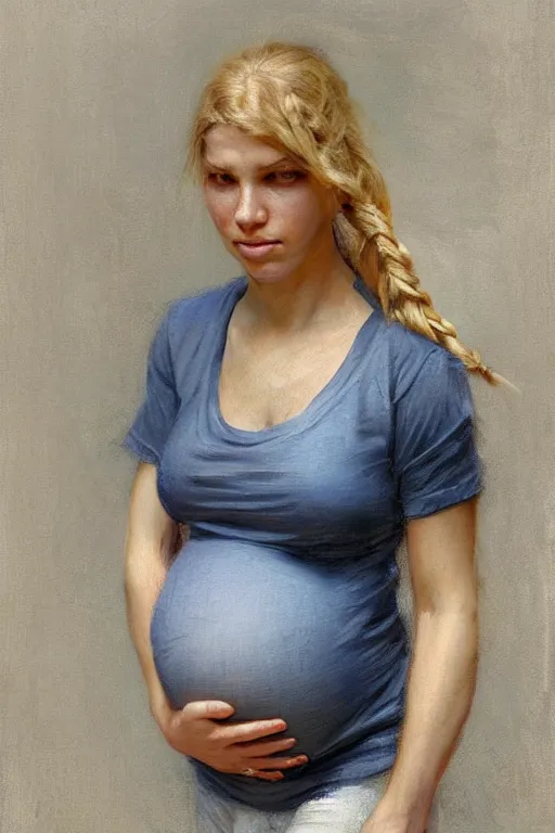 Prompt: pregnant woman in t-shirt by Alyssa Monks, Gaston Bussiere. blond braid, full body, urban dystopia, hyper realism, realistic proportions, artstation, concept art, smooth, sharp focus, illustration