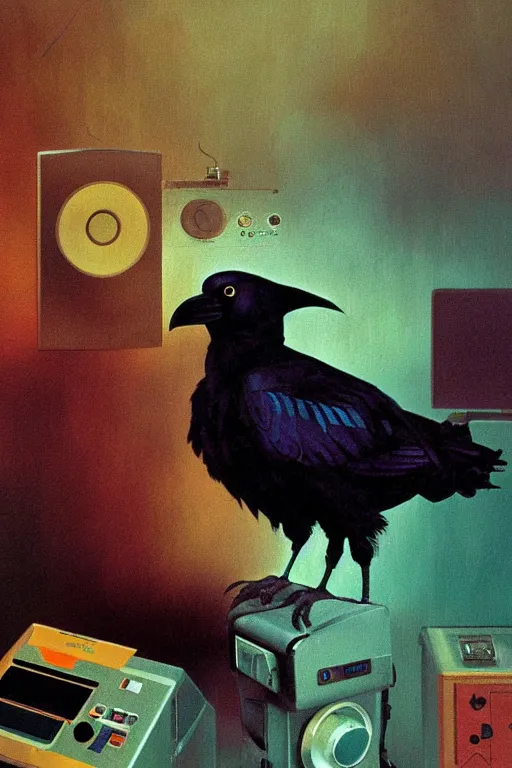 Image similar to a raven drowning in 8 0 s era technology, vintage shapes, retro technology, soft color, wayne barlow, oil on canvas, deep depth of field, masterpiece, cinematic composition, hyperdetailed