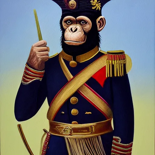 Image similar to An exquisite modern painting of a chimpanzee dressed like a bearded Napoleon with correct military uniform, no frames