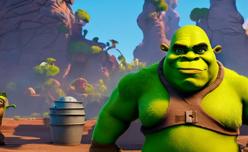 Prompt: very cute angry shrek, disney pixar character concept artwork, 3 d concept, fortnite character, high detail iconic character for upcoming film, 8 k octane render