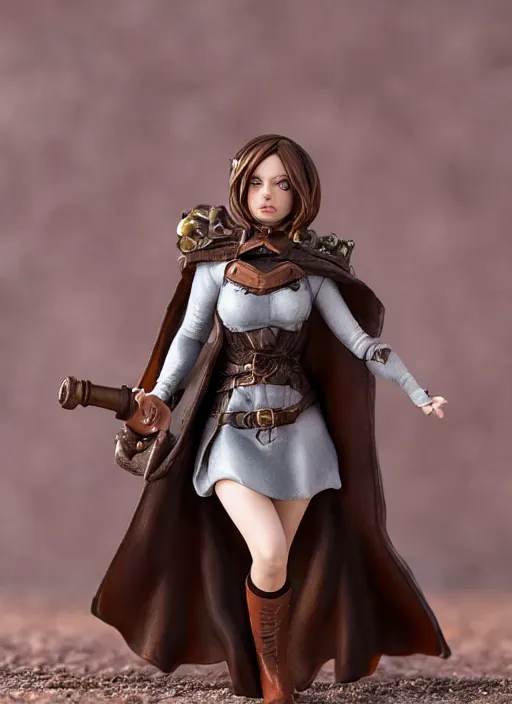 Image similar to 80mm resin detailed miniature of a female alchemist with short brown hair wearing a short dress, white stockings, leather boots and cape, Product Introduction Photos, 4K, Full body