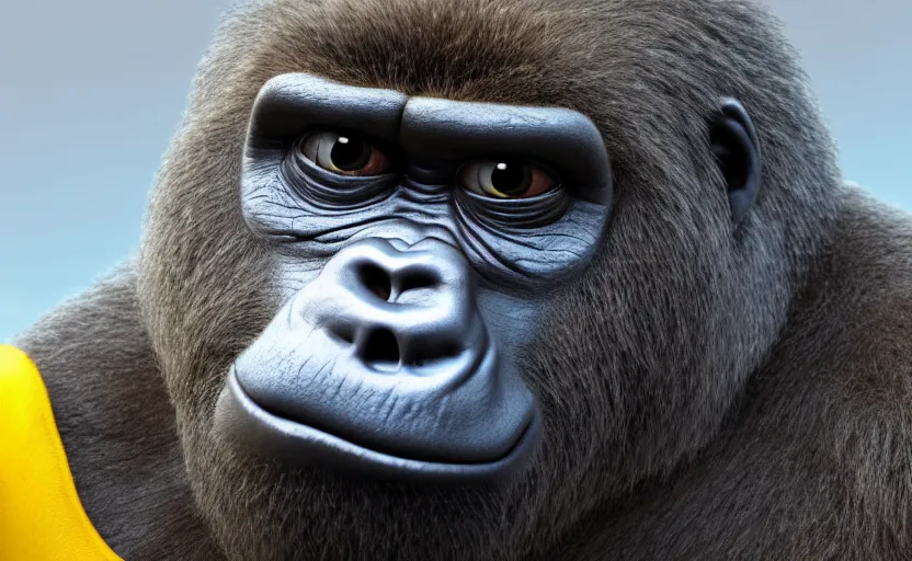 Image similar to gorilla as gru ( despicable me ), hyperrealistic, concept art, octane render, unreal engine 5, trending on artstation, high quality, highly detailed, 8 k hdr, product photo, centered, minions background, soft lighting, path traced, low contrast, high coherence, symmetrical