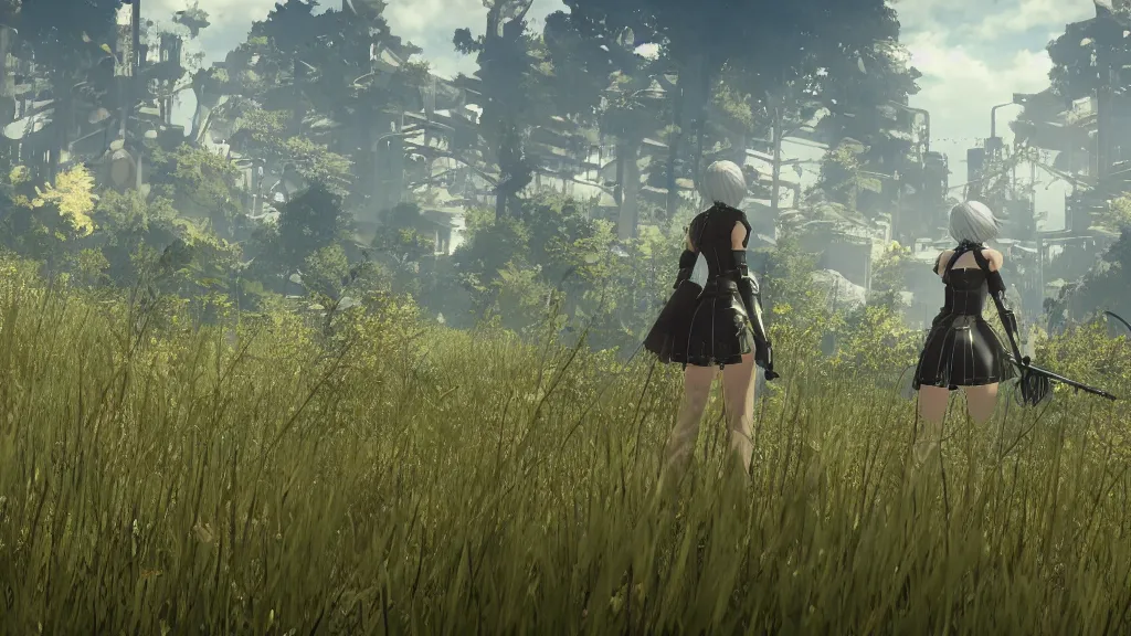 Prompt: Screenshot from Nier Automata in a beautiful countryside field