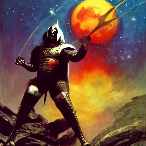 Prompt: Ace Frehley (KISS) as the Spaceman, a high fantasy medieval warrior, high quality, character art, concept art, by Jeffrey Catherine Jones, Michael Whelan and Angus McBride.