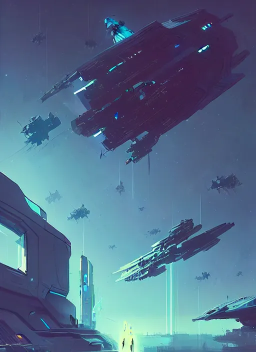 Image similar to sci - fi, cyberpunk, starship from no man's sky, by ismail inceoglu