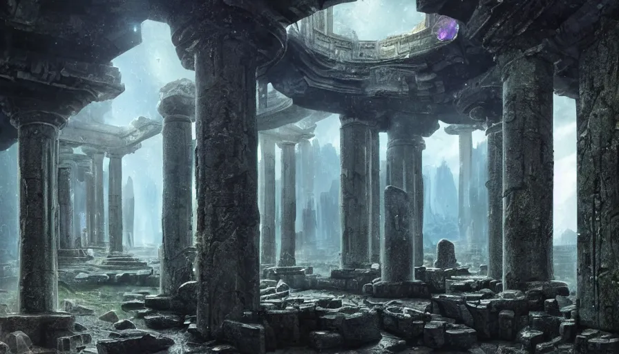 Image similar to Inside ancient alien temple, crumbling stone columns, refracted sparkles, thunderstorm, dark still pool, major arcana sky and sci-fi alien symbology, by paul delaroche, hyperrealistic 4k uhd, award-winning, very detailed cyberpunk