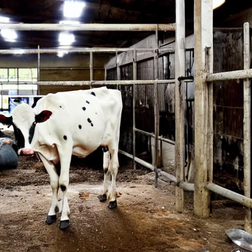 Image similar to dirty bottle of milk and a cow inside slaughterhouse