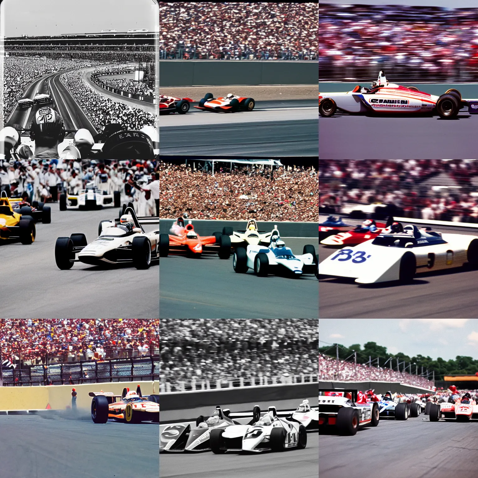 Prompt: car race overtaking at indianapolis 5 0 0, 8 0 s, film grain, motorsports photography