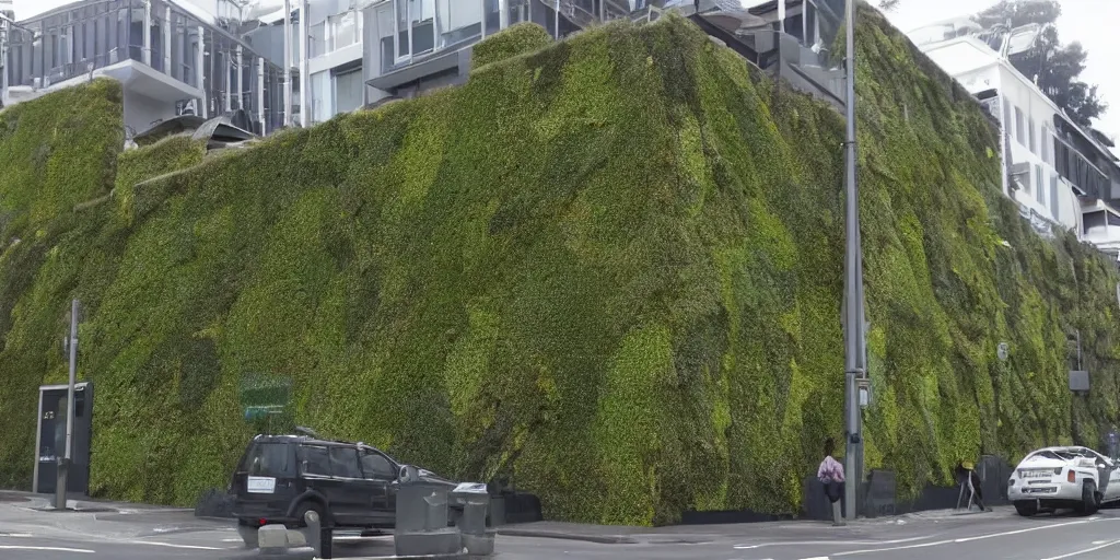 Image similar to a street in wellington, new zealand where the building walls are covered in living walls made of nz endemic plants. google street view