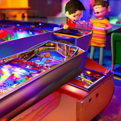 Prompt: kid playing pinball, 3d render by Pixar, raytracing, black background