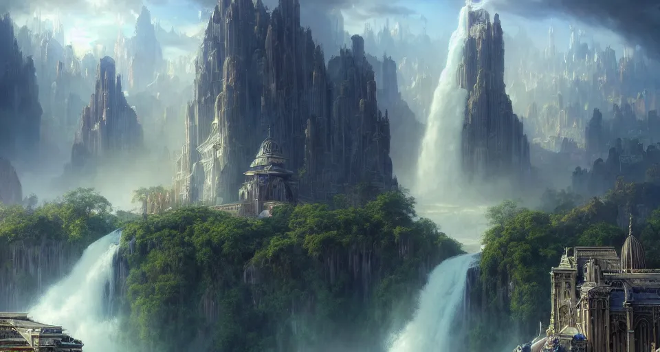 Prompt: a matte painting of beautiful religious science fiction city, with waterfalls, 8 k, cinematic lighting, hd, atmospheric, hyperdetailed, trending on artstation, deviantart, digital painting, concept art smooth sharp focus illustration, art by artgerm and paul chadeisson and greg rutkowski, sung choi and alphonse mucha