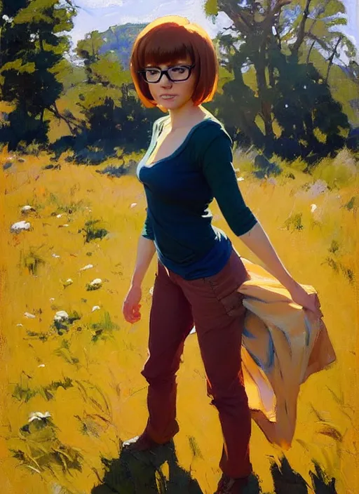 Prompt: Greg Manchess painting of Velma Dinkley, anime style, countryside, calm, fantasy character portrait, dark outlines, dynamic pose, above view, sunny day, artwork by Jeremy Lipkin and Giuseppe Dangelico Pino and Michael Garmash and Rob Rey and Makoto Shinkai, very coherent asymmetrical artwork, sharp edges, perfect face, simple form, 100mm