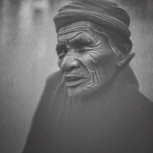 Image similar to Monochrome portrait of an intense old Nepali man on a rainy misty Kathmandu street at night, the only light source are bright overhead street lights, close-up, motion blur, grainy Tri-x pushed to 3200, 24mm tilt-shift, water drops on the lens, holga