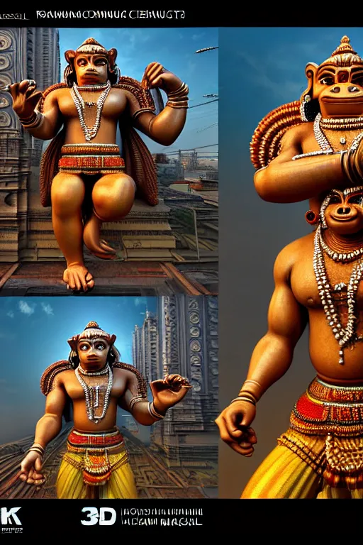 Image similar to high quality 3 d render post - rococo cyberpunk hanuman! head shri ram centre, madhubani, highly detailed, morning in sci - fi new delhi, cinematic smooth unreal engine, lee madgwick & liam wong, dramatic light, long shot, low angle, uhd 8 k, sharp focus