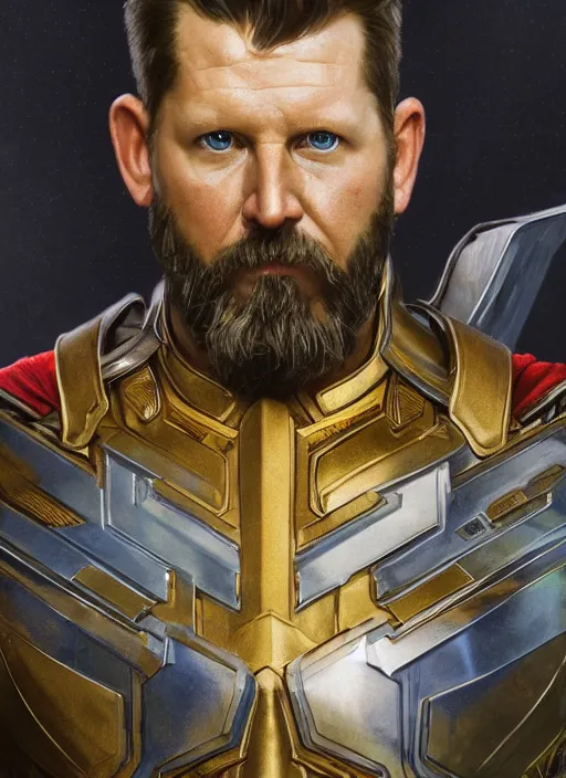 Prompt: Gavin Mcinnes in a battle suit, starring in Thor Ragnarok film, gold suit, sigma male, accurately portrayed, portrait art by alphonse mucha and greg rutkowski, highly detailed, digital painting, concept art, illustration, dim lighting with twilight rays of sunlight, trending on artstation, very detailed, smooth, sharp focus, octane render, close up