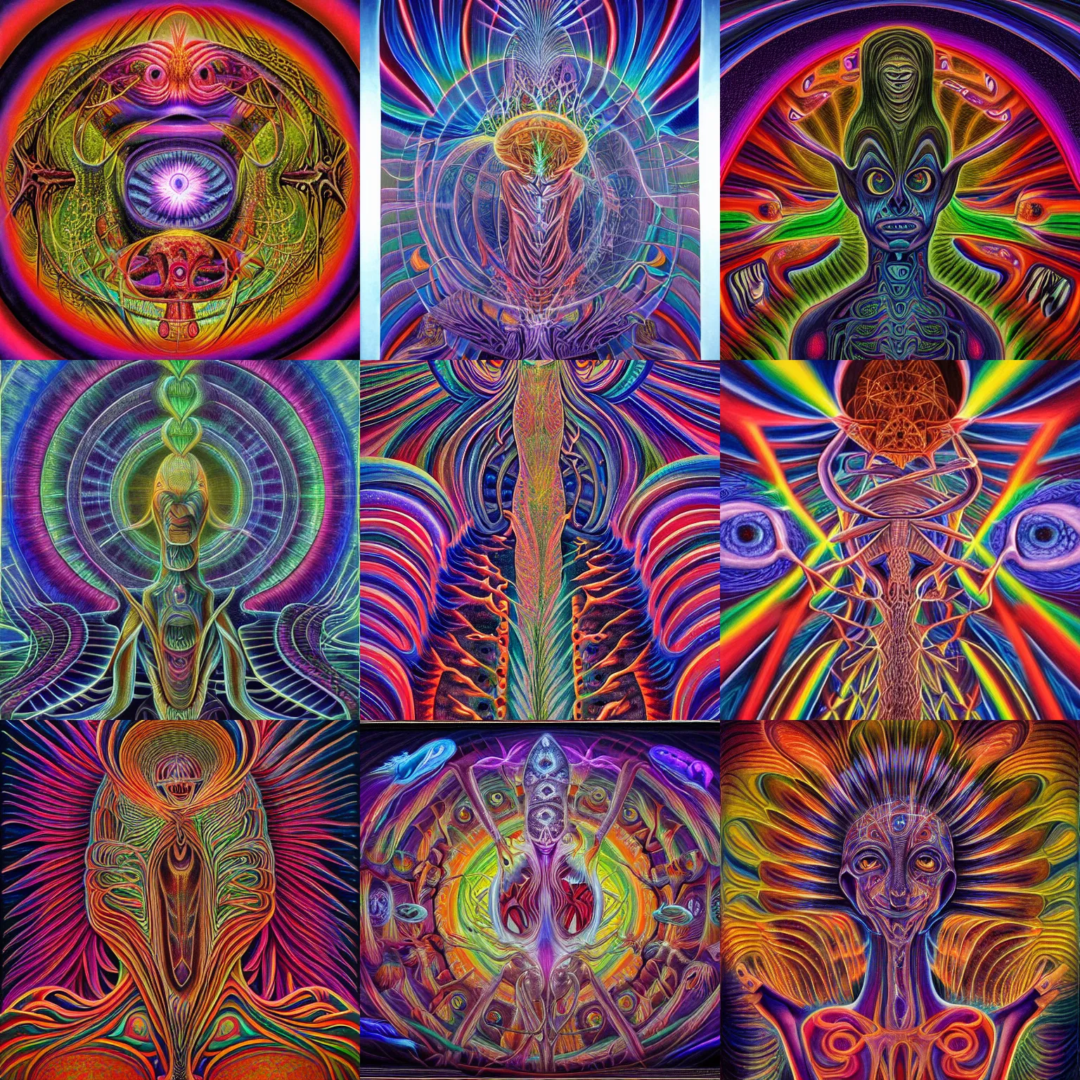 Prompt: a painting of creatures in the void by alex grey, highly detailed, radiant light, intricate environment, deviantart, 4 k