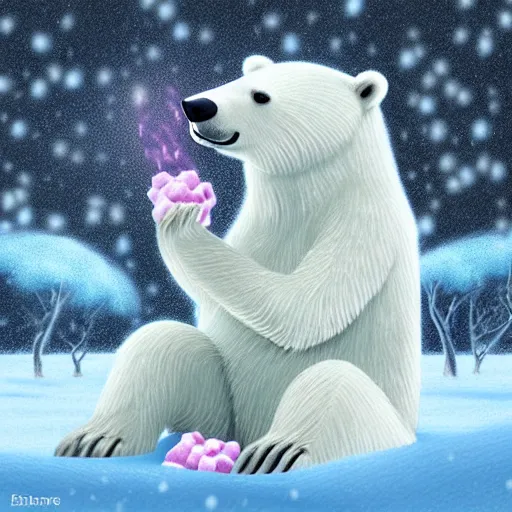 Prompt: A polar bear enjoying some marshmallows in a blizzard. Award-winning digital art, 4k, trending on ArtStation, f/4