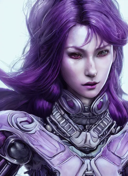 Image similar to close up portrait of a pale woman in amethyst power armor with purple hair, powerful, domineering, stoic, masterful, intense, ultrafine hyperdetailed illustration by kim jung gi, irakli nadar, takuji kawano, intricate linework, sharp focus, octopath traveler, highly rendered, detailed, concept art