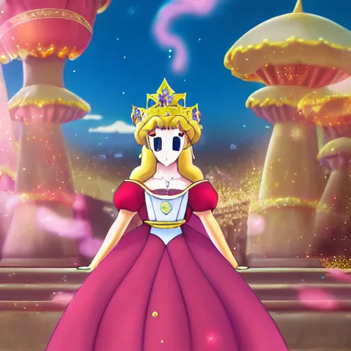 Image similar to young princess peach crowned empress of the mushroom kingdom, anime style, coronation, cinematic lighting, 1 6 th century,