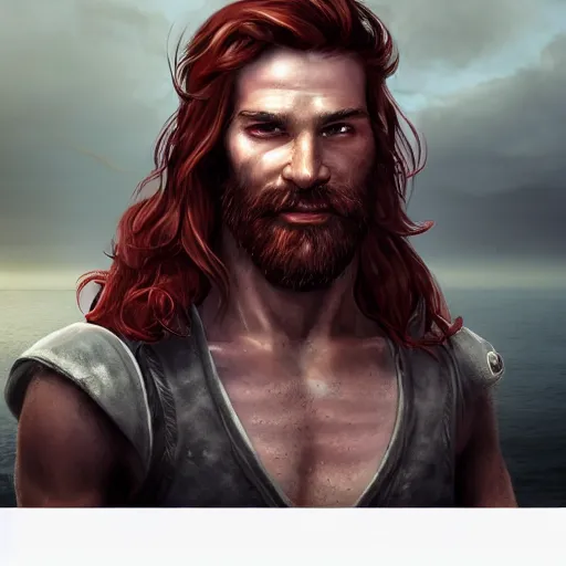 Image similar to portrait of a ruggedly handsome!!!!! male ship captain with long red hair!!!!!!, 30 years old, upper body, wavey hair, muscular, friendly, playful, D&D, hairworks, Unreal 4, fantasy, elegant, highly detailed, digital painting, hairworks, deviantart, artstation, concept art, sharp focus, dramatic lighting, illustration, art by Artgerm and Greg Rutkowski and Alphonse Mucha