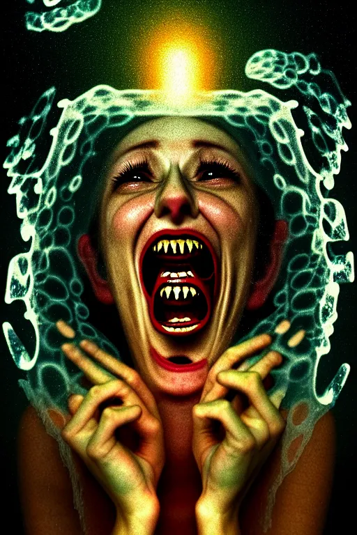 Prompt: a surreal biomorphic woman screaming with joy inside a froze cube of blinking electrons, in the style of hieronymus bosch detailed masterpiece, atmospheric, shadowy, cinematic, digital art, 4 k