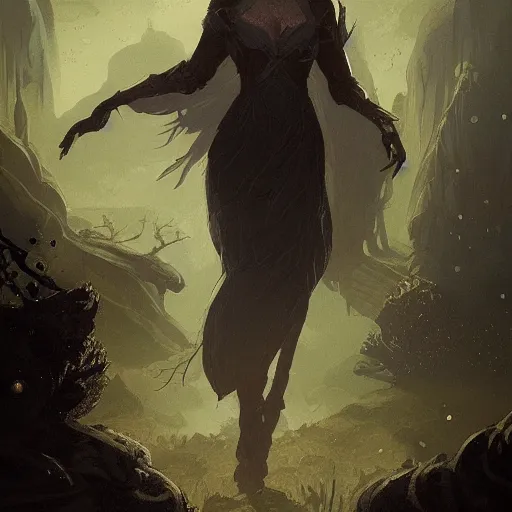 Image similar to black hallow retro mage walking on a dead world digital painting, artstation, concept art, soft light, hdri, smooth, sharp focus, illustration, fantasy, intricate, elegant, highly detailed, D&D, matte painting, in the style of Greg Rutkowski and Alphonse Mucha and artemisia, 8k, highly detailed, jurgens, rutkowski, bouguereau, pastoral, rustic, georgic