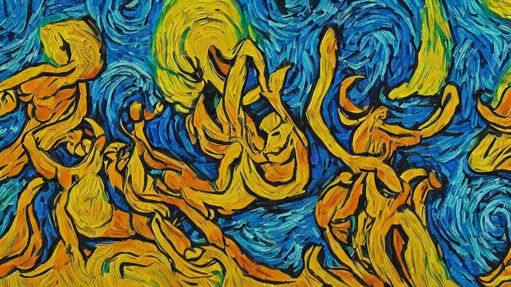 Image similar to abstract art painting figures lines forms in style of vincent van gogh, fine details,