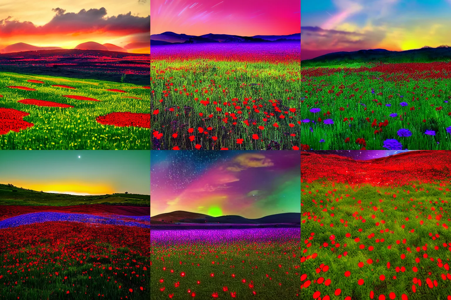 Prompt: field of green and red flowers with glowing led petals, milky way sky, sunset, red and purple sky, shadow of city in distance behind hills