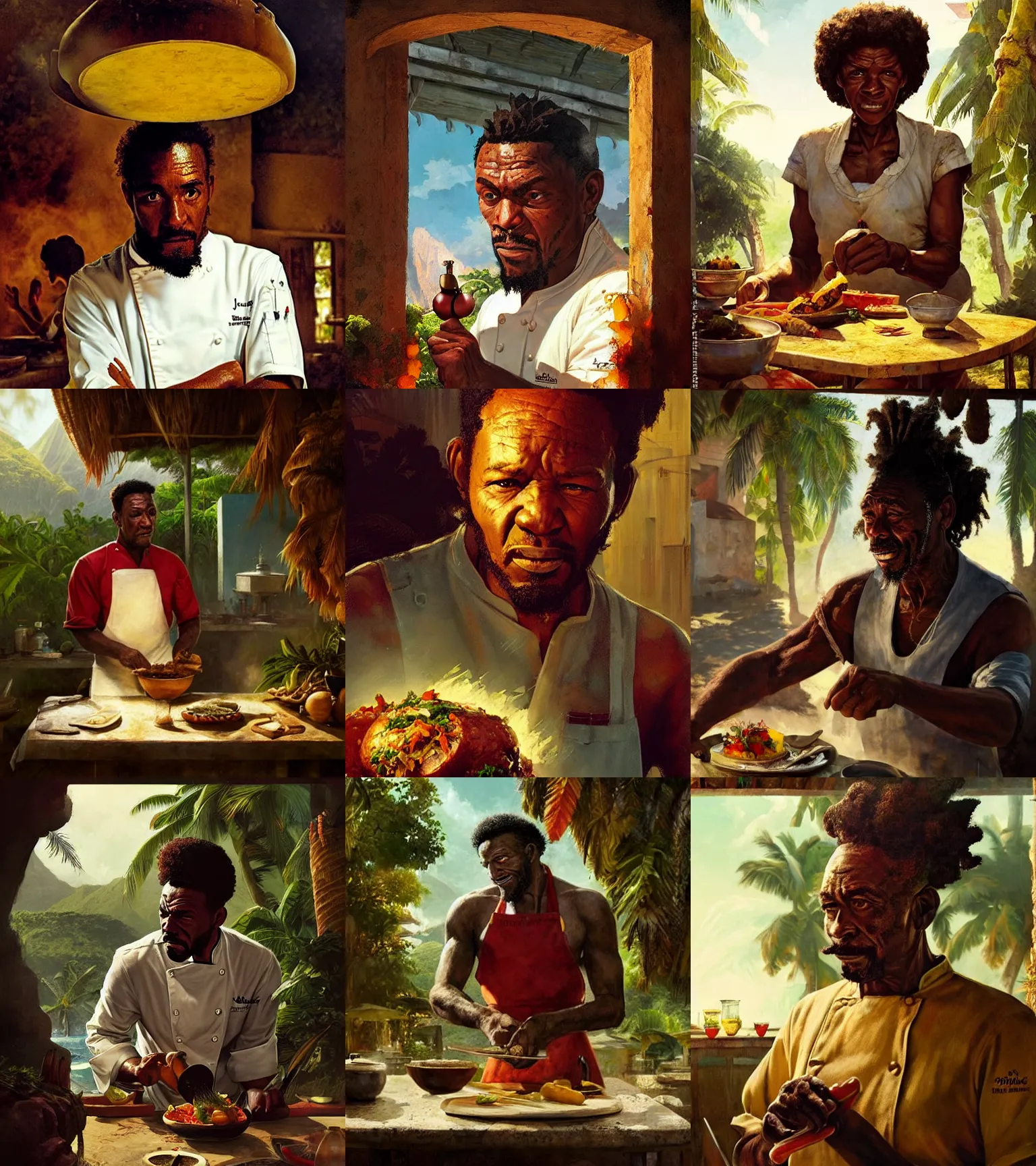 Prompt: a portrait of a chef character in a scenic jamaican kitchen environment by marco bucci and greg rutkowski and frank frazetta, sharp focus, detailed, cinematic, jamaican