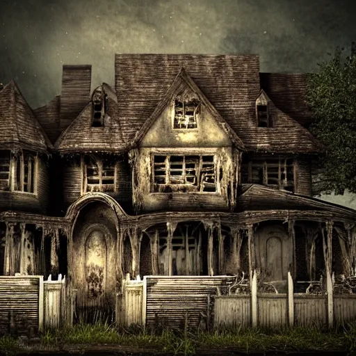 Image similar to a highly detailed photographic render of a creepy old haunted house, photos of a haunted living room, horror, bloody, ghost, creepy, cinematic lighting, cinematic scene, Volumetric lighting, Atmospheric scene, Dark, Horror, Atmospheric lighting, Global illumination cinematic render, film, beautifully lit, ray traced, octane 3D render, octane render, unreal engine