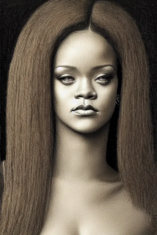 Image similar to a portrait of rihanna in the style of leonardo da vinci drawing,, single head, no double head,