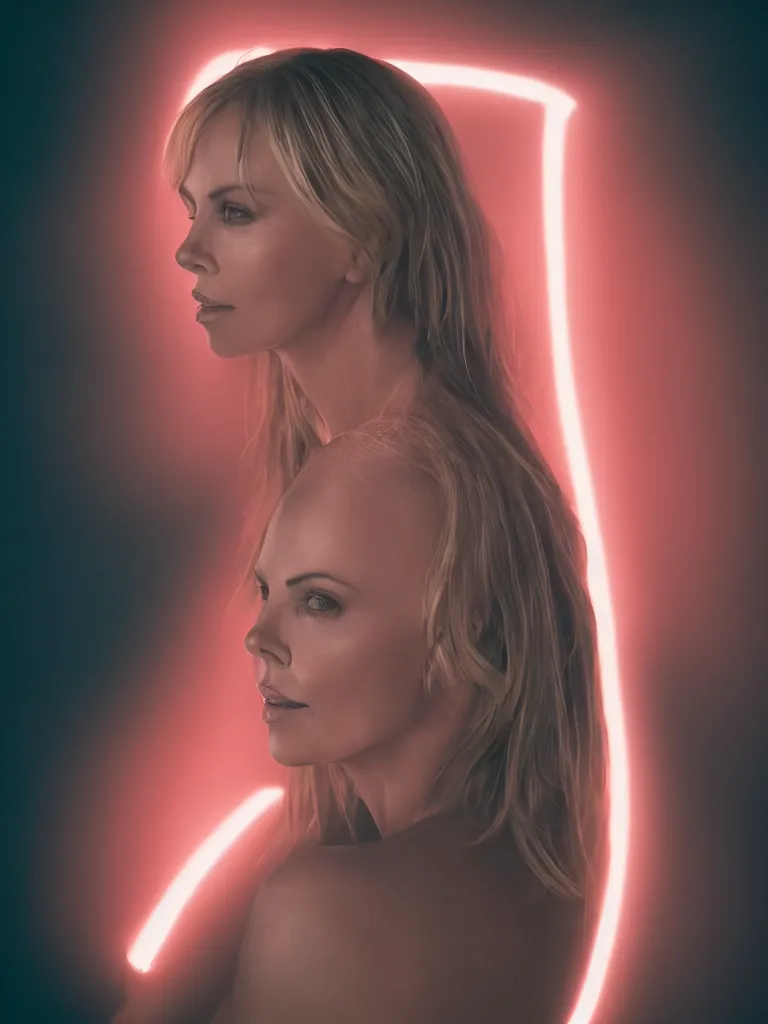 Image similar to hyper realistic portrait of Charlize Theron illuminated by red light , night , 85 mm f1.4 ,