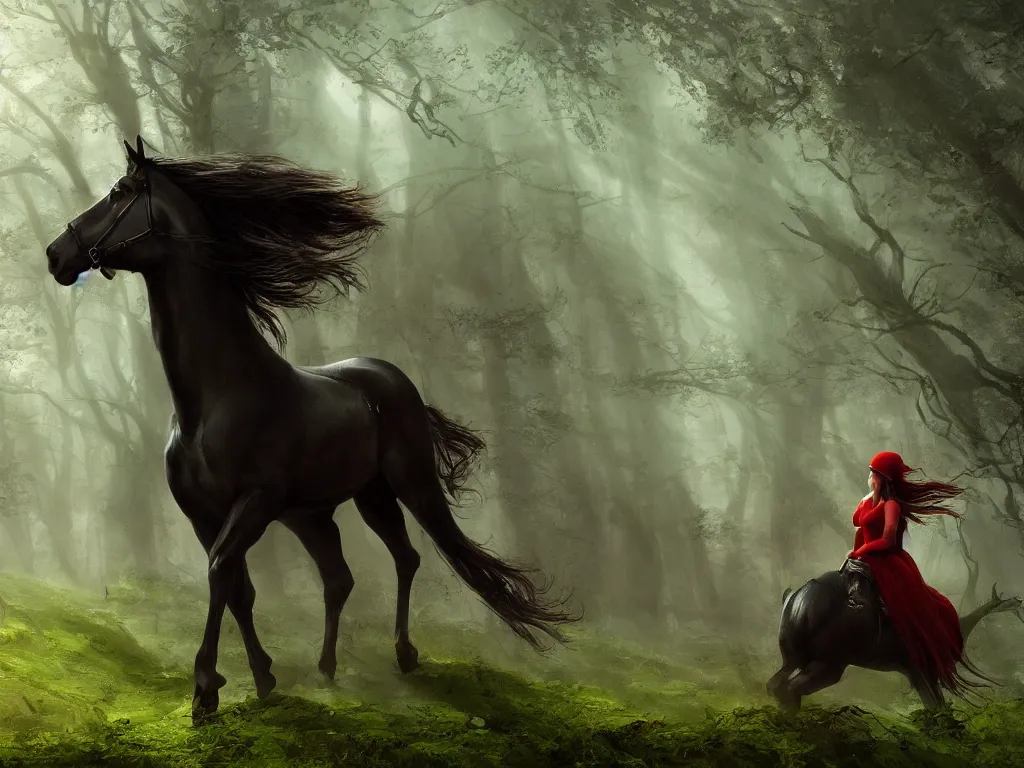 Image similar to a female beauty with red cap rides on a strong black horse slowly through a dense misty green oak and beech forrest, rays of life, cinematic, fantasy art, moody morning light, cryengine, trending on artstation, by john howe, by ridley scott, by peter jackson