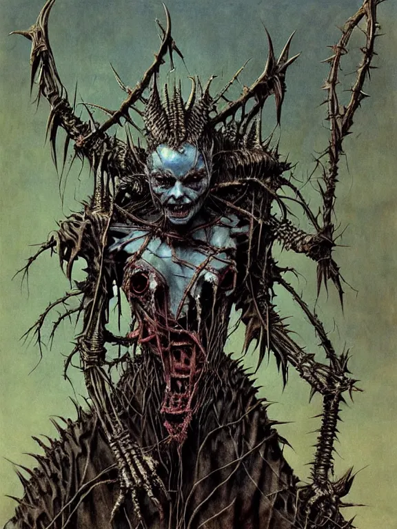 Image similar to A creepy armored horned fanged demon woman with blue scarred skin wrapped in barbed wire. Extremely high detail, realistic, fantasy art, solo, bones, masterpiece, saturated colors, tangled, ripped flesh, art by Zdzisław Beksiński, Arthur Rackham, Dariusz Zawadzki