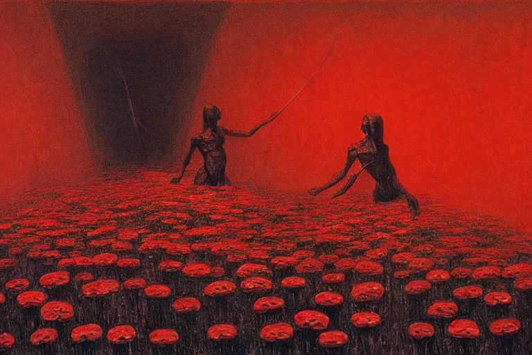 Image similar to only with red, red flowers of different types, a red tiger, a castle in the background, medieval demons dance over the flowers, an ancient path, in the style of beksinski, part by hopper, part by rodcenko, part by hofbauer, intricate composition, red by caravaggio, insanely quality, highly detailed, masterpiece, red light, artstation