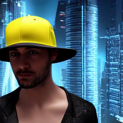 Image similar to a flat brim hat from the future, cyberpunk, highly detailed, epic lighting, hyper photorealism, 8 k