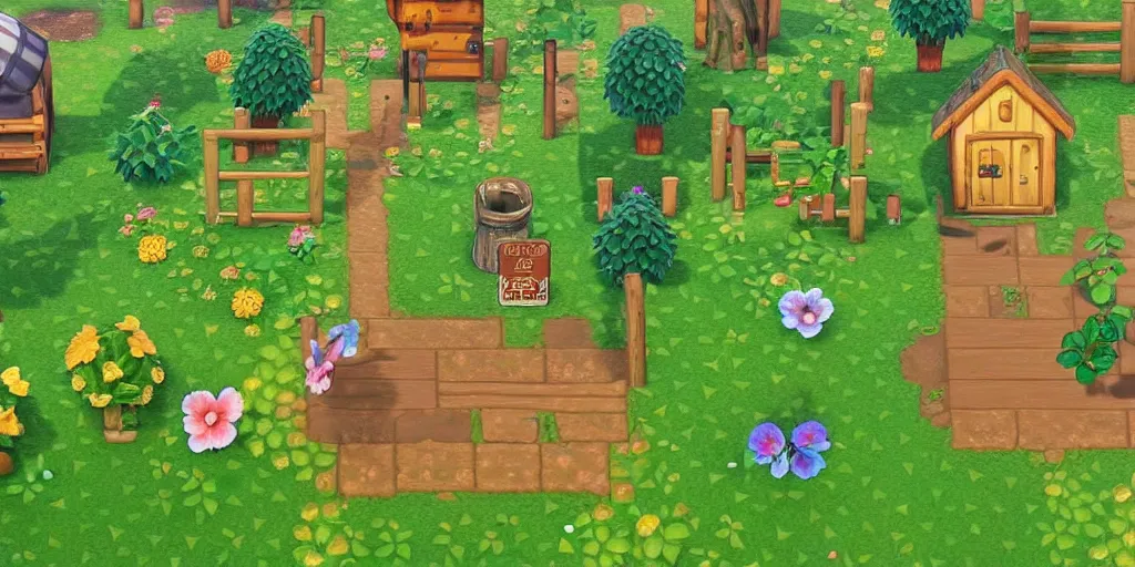 Prompt: miniature garden, cottagecore, animal crossing, stardew valley, moss, plants, cute, friendly