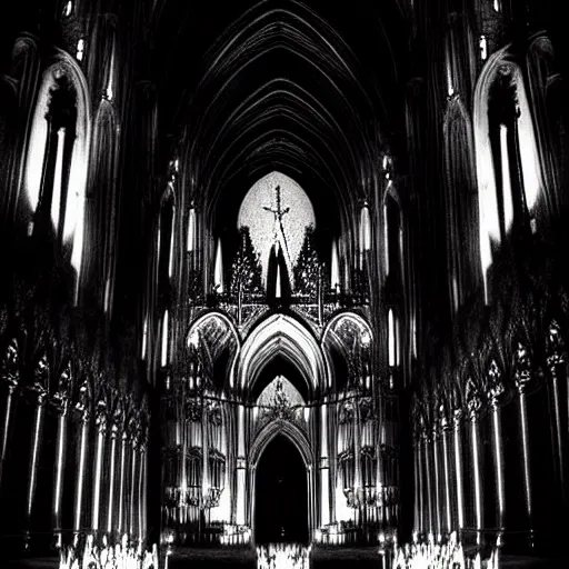 Image similar to a beautiful gothic girl inside a dark gothic cathedral illuminated by candles, impressive scene. grainy and rough. black and white colour scheme. beautiful artistic detailed digital art