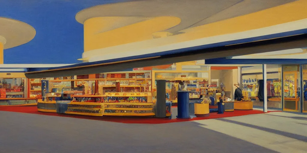 Image similar to a beautiful painting of a store inside of a futuristic airport by Edward Hopper, 8k, 4k