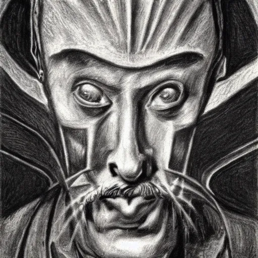 Prompt: Close-up of Don Quixote, pencil drawing. El Greco, Remedios Varo, Salvador Dali, Carl Gustav Carus, John Atkinson Grimshaw. Blue tint. Symetrical, logo, geometric shapes.