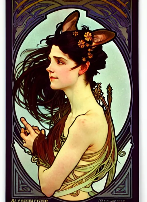 Image similar to a head and shoulders portrait of a female bard, d & d, fantasy art, award winning, fox ears, by alphonse mucha