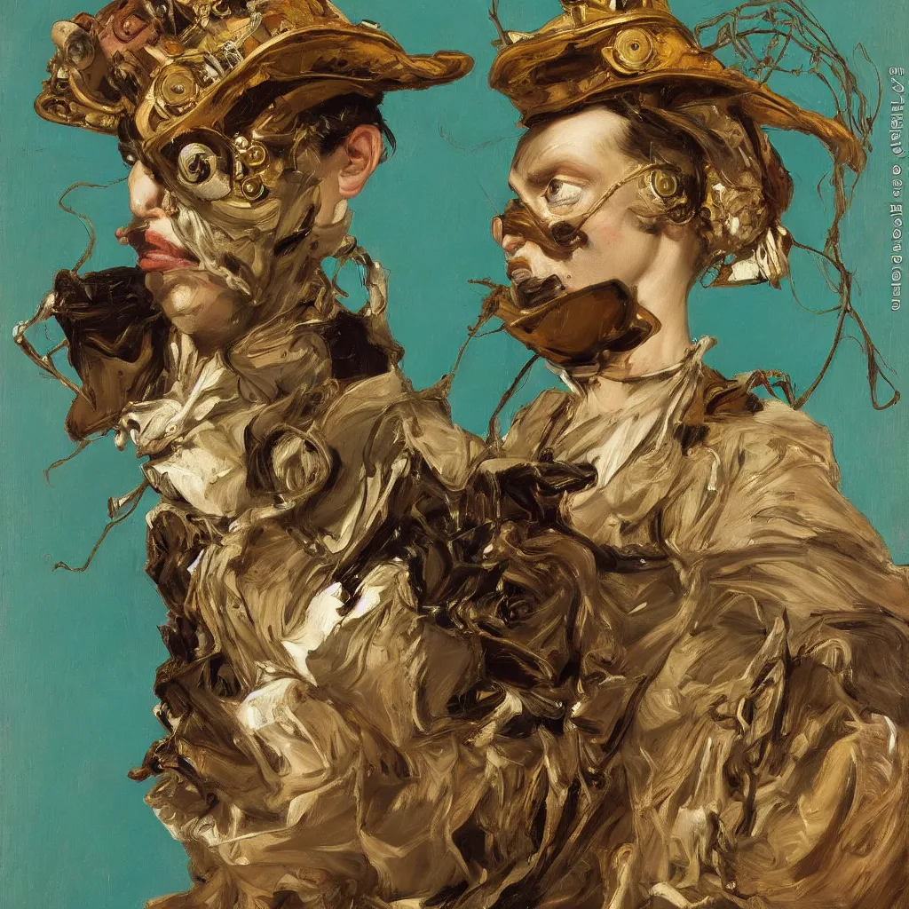 Image similar to high quality high detail painting by lucian freud, jenny savile, ilya repin and john singer sargent, steampunk crazy person with face mask dancing, turquoise, hd