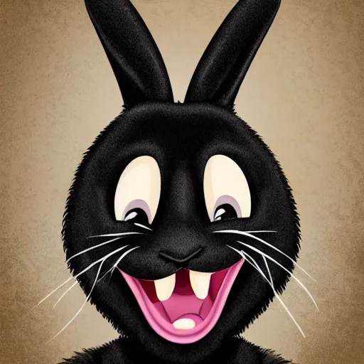 Image similar to A extremely highly detailed majestic hi-res beautiful, highly detailed head and shoulders portrait of a scary terrifying, horrifying, creepy black cartoon rabbit with scary big eyes, earing a shirt laughing, hey buddy, let's be friends, in the style of Walt Disney