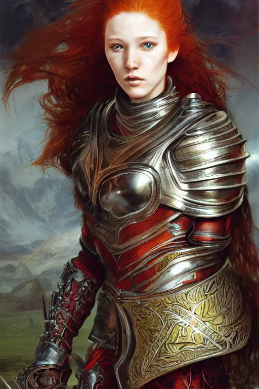 Image similar to beautiful female warrior, half body portrait, ginger hair, ornate armour, realistic oil painting by Thomas Cole and Wayne Barlowe