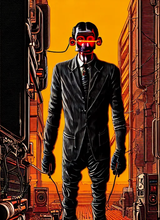 Prompt: Cyberpunk Mr. Bean | Cyborg in Red surrounded by cables | 19th century wood-engraving , whole page illustration , rule of third, art in the style of greg rutkowski and thomas kinkade and Larry Elmore