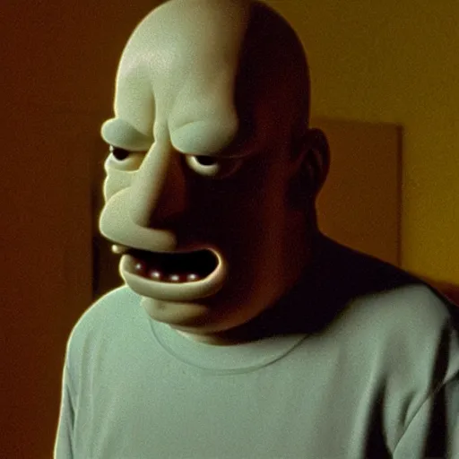 Prompt: A still image of Homer Simpson in a horror movie The Ring (1998)