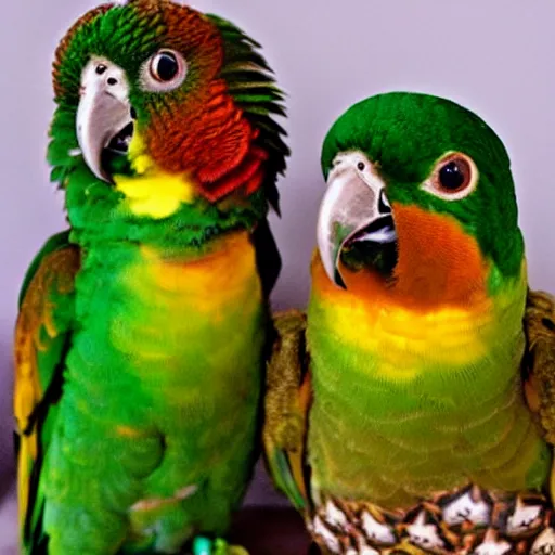 Prompt: cinnamon turquoise green cheek conure cuddling with pineapple conure