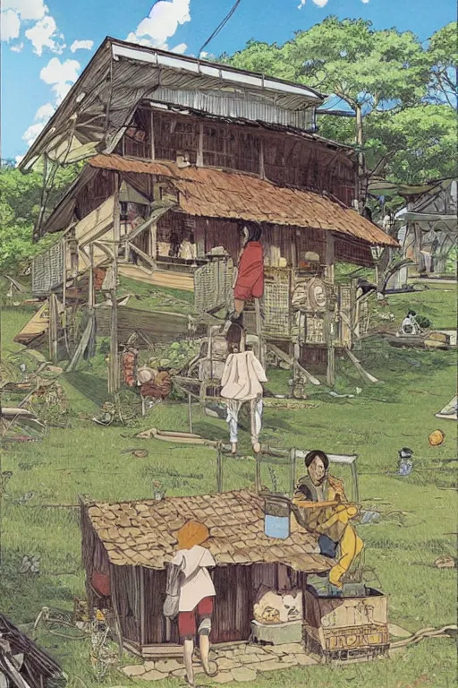 Image similar to beautiful anime illustration of a rural philippines home, by moebius, masamune shirow and katsuhiro otomo