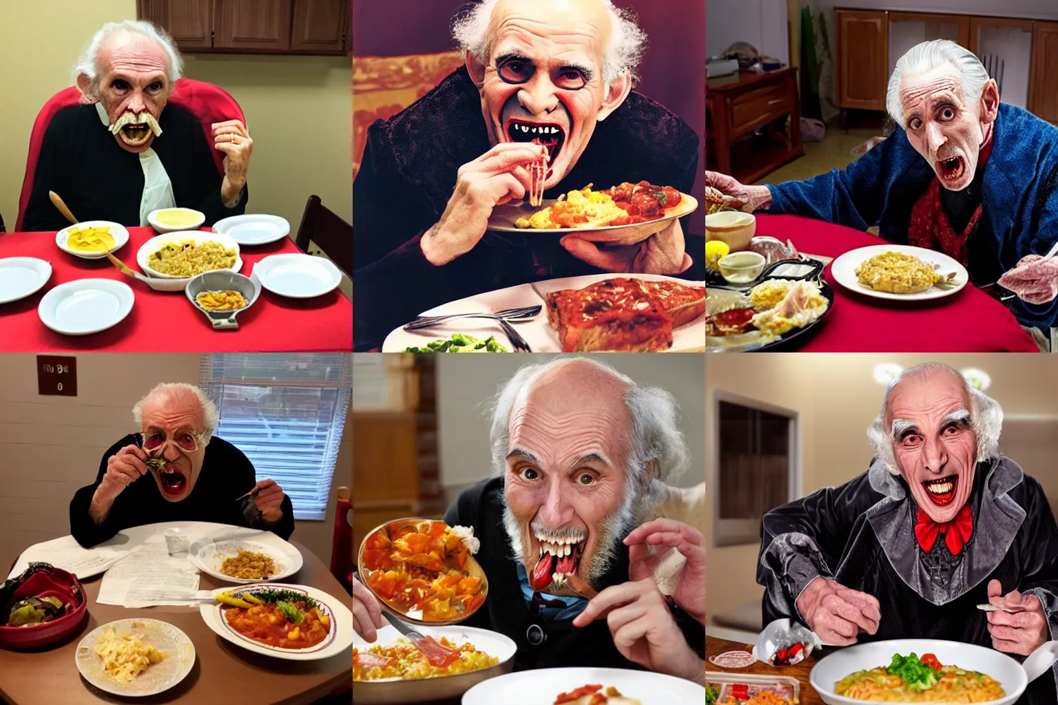 Prompt: photo of old man dracula eating a tv dinner at the senior citizen home
